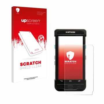 Parte frontal de un envase de producto con el logotipo de la marca upscreen. Al lado se muestra el dispositivo Opticon H-31 co