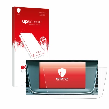 Parte frontal de un envase de producto con el logotipo de la marca upscreen. Al lado se muestra el dispositivo Opel Grandland 
