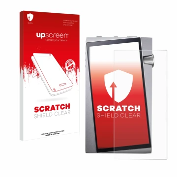 Parte frontal de un envase de producto con el logotipo de la marca upscreen. Al lado se muestra el dispositivo Astell&Kern A&n