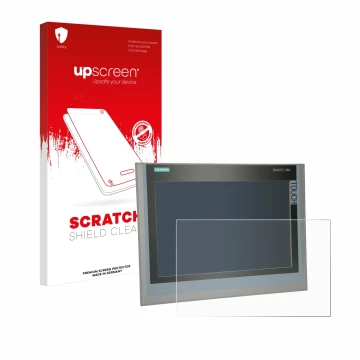 Parte frontal de un envase de producto con el logotipo de la marca upscreen. Al lado se muestra el dispositivo Siemens Simatic