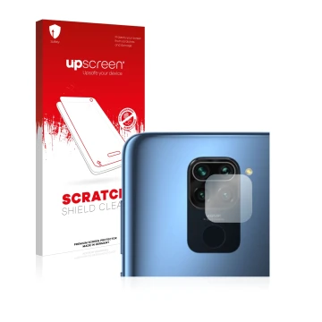 Parte frontal de un envase de producto con el logotipo de la marca upscreen. Al lado se muestra el dispositivo Xiaomi Redmi No