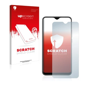 Parte frontal de un envase de producto con el logotipo de la marca upscreen. Al lado se muestra el dispositivo Xiaomi Redmi 9 
