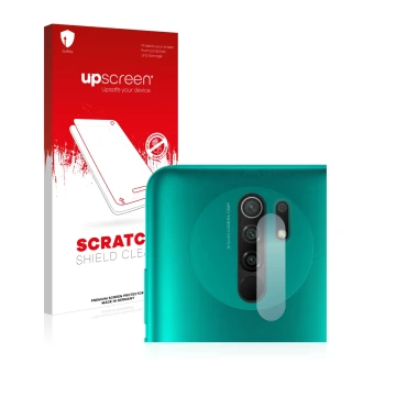Parte frontal de un envase de producto con el logotipo de la marca upscreen. Al lado se muestra el dispositivo Xiaomi Redmi 9 