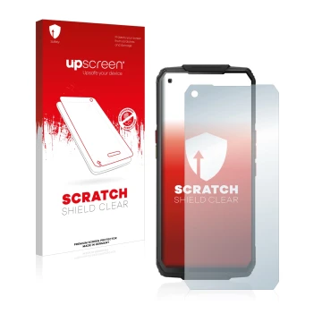 Parte frontal de un envase de producto con el logotipo de la marca upscreen. Al lado se muestra el dispositivo Oukitel WP7 con