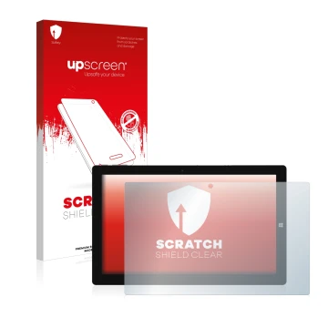 Parte frontal de un envase de producto con el logotipo de la marca upscreen. Al lado se muestra el dispositivo Chuwi UBook 11.