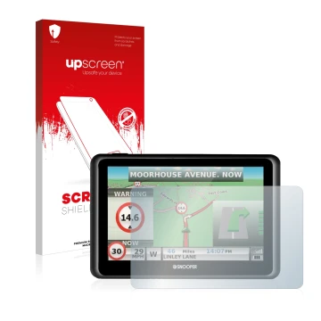 Parte frontal de un envase de producto con el logotipo de la marca upscreen. Al lado se muestra el dispositivo Snooper Truckma