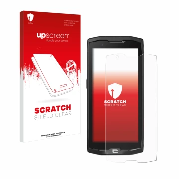 Parte frontal de un envase de producto con el logotipo de la marca upscreen. Al lado se muestra el dispositivo Crosscall Core 