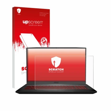 Parte frontal de un envase de producto con el logotipo de la marca upscreen. Al lado se muestra el dispositivo MSI GF75 10SDR-