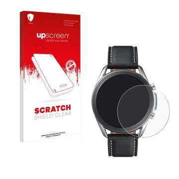 Parte frontal de un envase de producto con el logotipo de la marca upscreen. Al lado se muestra el dispositivo Samsung Galaxy 