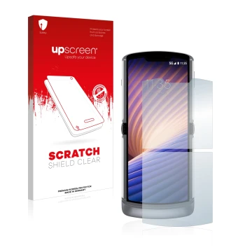 Parte frontal de un envase de producto con el logotipo de la marca upscreen. Al lado se muestra el dispositivo Motorola Razr 5