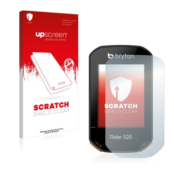 Parte frontal de un envase de producto con el logotipo de la marca upscreen. Al lado se muestra el dispositivo Bryton Rider 32