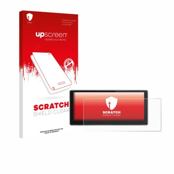 Parte frontal de un envase de producto con el logotipo de la marca upscreen. Al lado se muestra el dispositivo Joying 4G Car R