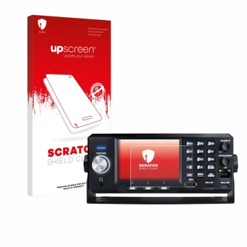 Parte frontal de un envase de producto con el logotipo de la marca upscreen. Al lado se muestra el dispositivo Uniden SDS200E 