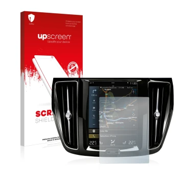 Parte frontal de un envase de producto con el logotipo de la marca upscreen. Al lado se muestra el dispositivo Volvo S60 Sensu