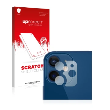 Parte frontal de un envase de producto con el logotipo de la marca upscreen. Al lado se muestra el dispositivo Apple iPhone 12