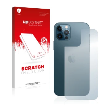 Parte frontal de un envase de producto con el logotipo de la marca upscreen. Al lado se muestra el dispositivo Apple iPhone 12