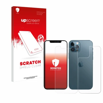 Parte frontal de un envase de producto con el logotipo de la marca upscreen. Al lado se muestra el dispositivo Apple iPhone 12