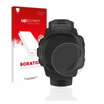 Parte frontal de un envase de producto con el logotipo de la marca upscreen. Al lado se muestra el dispositivo Garmin Instinct