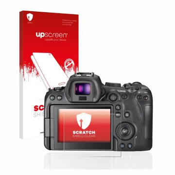 Parte frontal de un envase de producto con el logotipo de la marca upscreen. Al lado se muestra el dispositivo Canon EOS R6 co