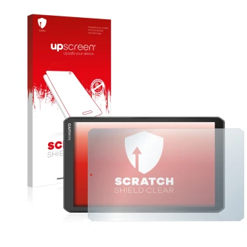 Parte frontal de un envase de producto con el logotipo de la marca upscreen. Al lado se muestra el dispositivo Garmin Camper 8