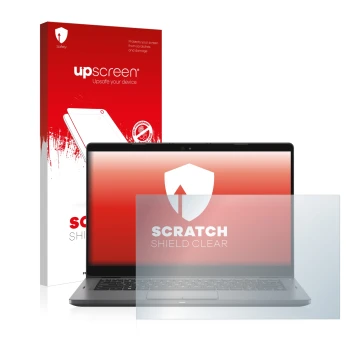 Parte frontal de un envase de producto con el logotipo de la marca upscreen. Al lado se muestra el dispositivo Dell Latitude 1