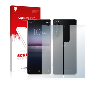 Parte frontal de un envase de producto con el logotipo de la marca upscreen. Al lado se muestra el dispositivo Sony Xperia 1 I