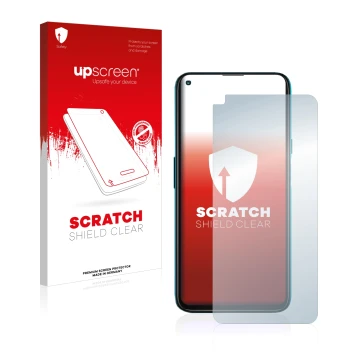 Parte frontal de un envase de producto con el logotipo de la marca upscreen. Al lado se muestra el dispositivo Cubot X30 con s