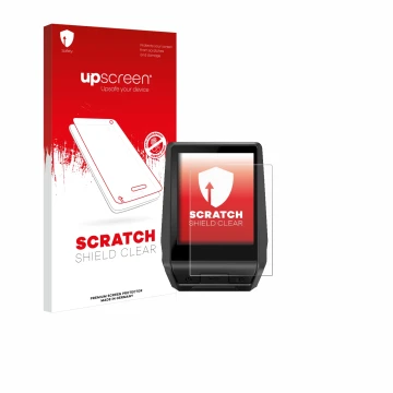 Parte frontal de un envase de producto con el logotipo de la marca upscreen. Al lado se muestra el dispositivo Bosch Nyon 2020