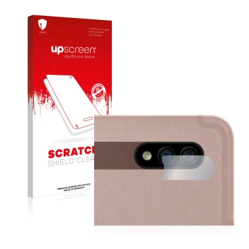 Parte frontal de un envase de producto con el logotipo de la marca upscreen. Al lado se muestra el dispositivo Samsung Galaxy 
