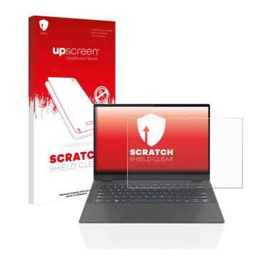 Parte frontal de un envase de producto con el logotipo de la marca upscreen. Al lado se muestra el dispositivo Lenovo IdeaPad 