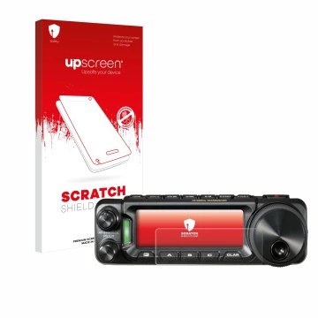 Parte frontal de un envase de producto con el logotipo de la marca upscreen. Al lado se muestra el dispositivo Yaesu FT-891 co