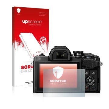 Parte frontal de un envase de producto con el logotipo de la marca upscreen. Al lado se muestra el dispositivo Olympus OM-D E-