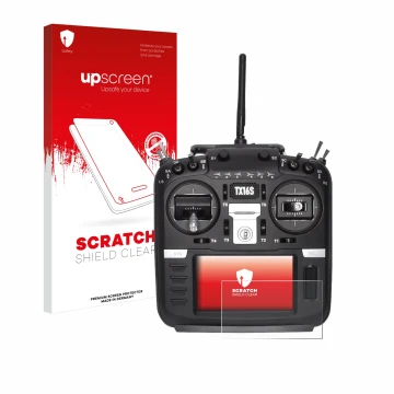 Parte frontal de un envase de producto con el logotipo de la marca upscreen. Al lado se muestra el dispositivo Radiomaster TX1