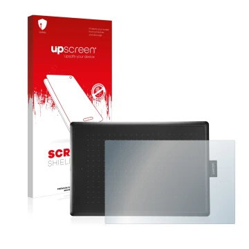 Parte frontal de un envase de producto con el logotipo de la marca upscreen. Al lado se muestra el dispositivo Wacom One Mediu