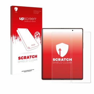 Parte frontal de un envase de producto con el logotipo de la marca upscreen. Al lado se muestra el dispositivo Samsung Galaxy 