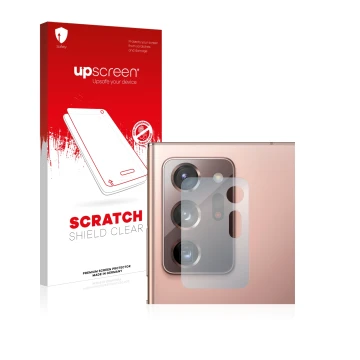 Parte frontal de un envase de producto con el logotipo de la marca upscreen. Al lado se muestra el dispositivo Samsung Galaxy 