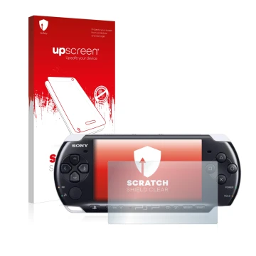 Parte frontal de un envase de producto con el logotipo de la marca upscreen. Al lado se muestra el dispositivo Sony PSP 3003 c