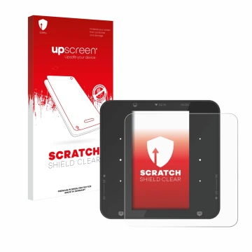 Parte frontal de un envase de producto con el logotipo de la marca upscreen. Al lado se muestra el dispositivo ISDT P30 con su