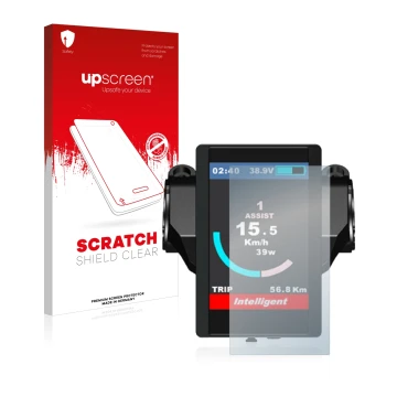 Parte frontal de un envase de producto con el logotipo de la marca upscreen. Al lado se muestra el dispositivo Bafang 850c con