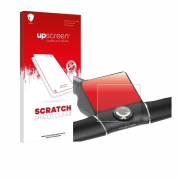 Parte frontal de un envase de producto con el logotipo de la marca upscreen. Al lado se muestra el dispositivo Motocaddy M5 GP