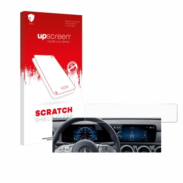 Parte frontal de un envase de producto con el logotipo de la marca upscreen. Al lado se muestra el dispositivo Mercedes-Benz G