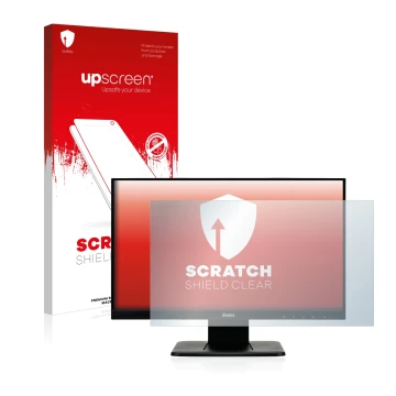 Parte frontal de un envase de producto con el logotipo de la marca upscreen. Al lado se muestra el dispositivo Iiyama ProLite 