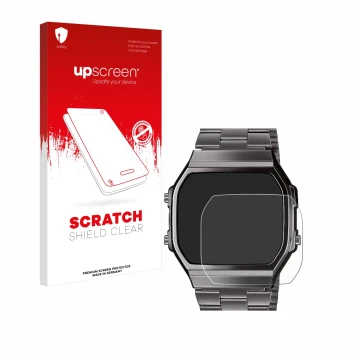 Parte frontal de un envase de producto con el logotipo de la marca upscreen. Al lado se muestra el dispositivo Casio A168WEGG-