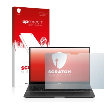 Parte frontal de un envase de producto con el logotipo de la marca upscreen. Al lado se muestra el dispositivo ASUS ZenBook Fl