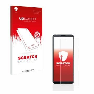Parte frontal de un envase de producto con el logotipo de la marca upscreen. Al lado se muestra el dispositivo Sony Xperia 5 I