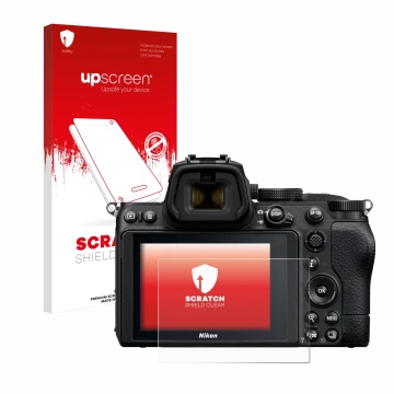 Parte frontal de un envase de producto con el logotipo de la marca upscreen. Al lado se muestra el dispositivo Nikon Z 5 con s