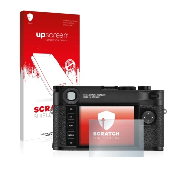 Parte frontal de un envase de producto con el logotipo de la marca upscreen. Al lado se muestra el dispositivo Leica M10-R con