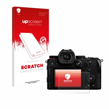 Parte frontal de un envase de producto con el logotipo de la marca upscreen. Al lado se muestra el dispositivo Panasonic Lumix