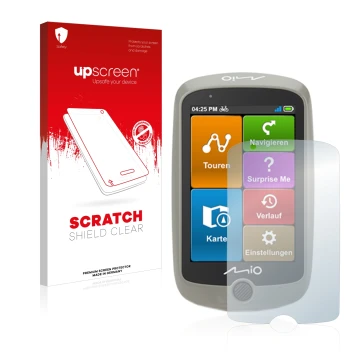 Parte frontal de un envase de producto con el logotipo de la marca upscreen. Al lado se muestra el dispositivo Mitac Mio Cyclo