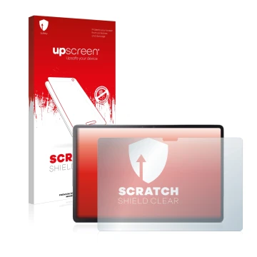 Parte frontal de un envase de producto con el logotipo de la marca upscreen. Al lado se muestra el dispositivo Lenovo Tab P11 